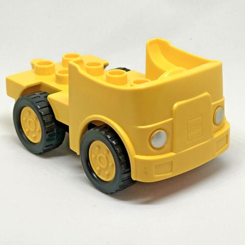 DUPLO | PARTS | PRELOVED | Duplo Car Body Truck with Lego Logo and Silver Headlights on Front Pattern & Duplo Car Base 2 x 4 with Fixed Axles, Black Tires and Yellow Wheels [95462pb02 + 12591c02]