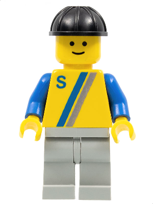 LEGO | MINIFIGURE | CITY | PRELOVED | 'S' - Yellow with Blue / Gray Stripe, Light Gray Legs, Black Construction Helmet [s003]