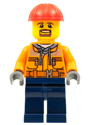 LEGO | CITY | PRELOVED | MINIFIGURE | Forklift Driver - Male, Orange Safety Jacket, Reflective Stripe, Sand Blue Hoodie, Dark Blue Legs, Red Construction Helmet, Goatee [trn242]