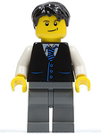 LEGO | CITY | PRELOVED | MINIFIGURE | Black Vest with Blue Striped Tie, Dark Bluish Gray Legs, White Arms, Black Short Tousled Hair [twn049]