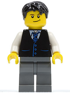 LEGO | CITY | PRELOVED | MINIFIGURE | Black Vest with Blue Striped Tie, Dark Bluish Gray Legs, White Arms, Black Short Tousled Hair [twn049]