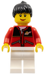 LEGO | MINIFIGURE | CITY | PRELOVED | Red Jacket with Zipper Pockets and Classic Space Logo, White Legs, Black Female Ponytail Hair, Brown Eyebrows [twn056]