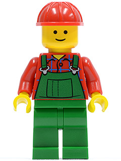 LEGO | MINIFIGURE | CITY | PRELOVED | Overalls Farmer Green, Red Construction Helmet [twn106]