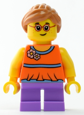 LEGO | CITY | PRELOVED | MINIFIGURE | Child - Girl, Orange Top, Medium Lavender Short Legs, Medium Nougat Ponytail Hair, Glasses, Freckles [twn337]