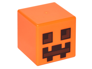 PARTS | Minifigure, Head, Modified Cube with Pixelated Dark Brown and Reddish Brown Eyes and Mouth Pattern (Minecraft Pumpkin Jack O' Lantern / Snow Golem) [19729pb001]