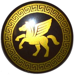 PARTS | Minifigure, Shield Circular Convex Face with Gold Winged Horse Pattern [75902pb05]