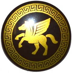 PARTS | Minifigure, Shield Circular Convex Face with Gold Winged Horse Pattern [75902pb05]