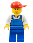 LEGO | MINIFIGURE | CITY | PRELOVED | Overalls Blue over V-Neck Shirt, Blue Legs, Red Short Bill Cap, Open Mouth Smile [cty0321]