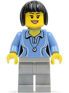 LEGO | MINIFIGURE | CITY | PRELOVED | Medium Blue Female Shirt with Two Buttons and Shell Pendant, Light Bluish Gray Legs, Black Bob Cut Hair [cty0472]