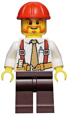 LEGO | MINIFIGURE | Construction Foreman - Shirt with Tie and Suspenders, Dark Brown Legs, Red Construction Helmet [cty0529]