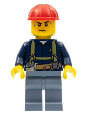 LEGO | MINIFIGURE | CITY | PRELOVED | Construction Worker - Shirt with Harness and Wrench, Sand Blue Legs, Red Construction Helmet, Sweat Drops [cty0530]