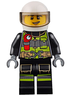 LEGO | MINIFIGURE | CITY | PRELOVED | Fire - Reflective Stripes with Utility Belt and Flashlight, White Helmet, Trans-Black Visor, Lopsided Grin [cty0652]