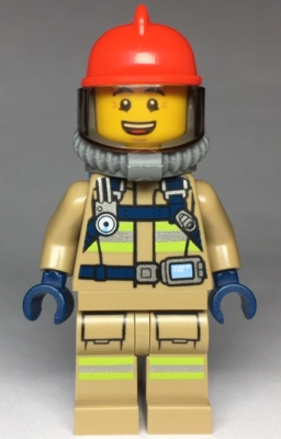 LEGO | MINIFIGURE | CITY | PRELOVED | Fire - Reflective Stripes, Dark Tan Suit, Red Fire Helmet, Open Mouth, Breathing Neck Gear with Blue Air Tanks [cty0960]