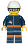 LEGO | MINIFIGURE | CITY | PRELOVED | Ground Crew Technician - Female, Dark Blue Jumpsuit, White Construction Helmet with Dark Brown Ponytail Hair, Light Blue Goggles [cty1060] - BLOCK Shop Z
